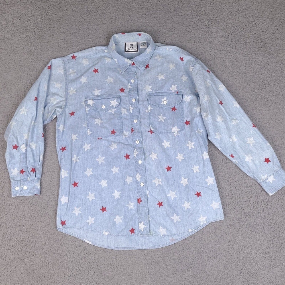 Vintage Bill Blass Shirt Womens Medium Blue‎ Chambray Stars Button Down Cotton